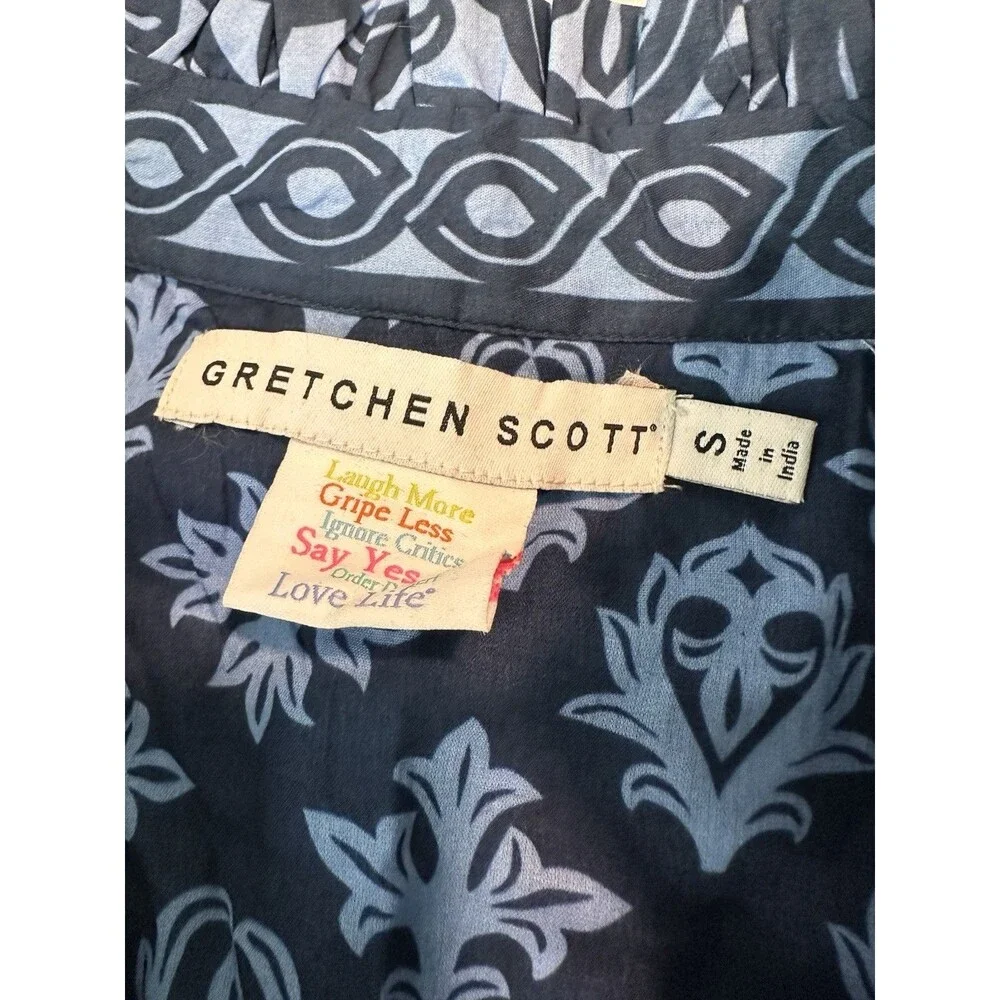 Gretchen Scott Blue Medallion Cotton Puff Sleeve Split Neck Mini Dress Small